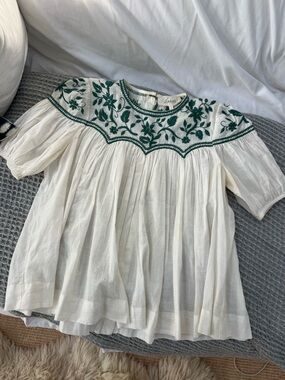 The GREAT sun Prairie White  Peasant Top with Green Floral embroidered Yoke